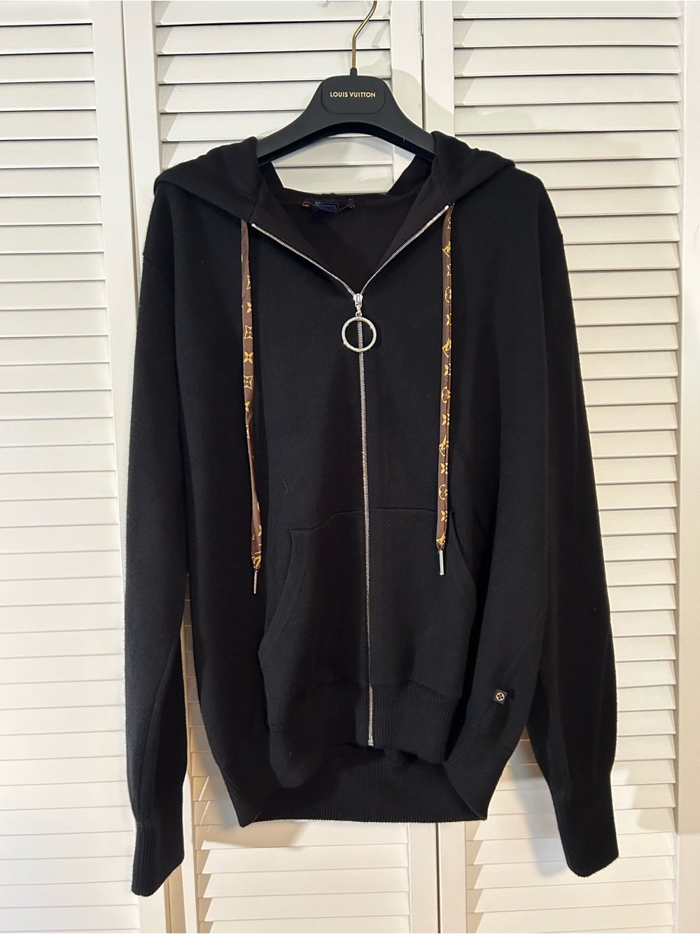 Louis Vuitton Black Hoodie with Monogram Drawstring Cashmere and Cotton